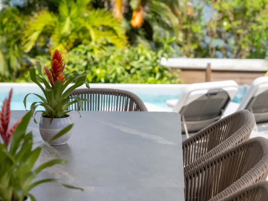 Table extérieur Villa Table en extérieur avec des plantes, chaises et piscine en arrière-plan.