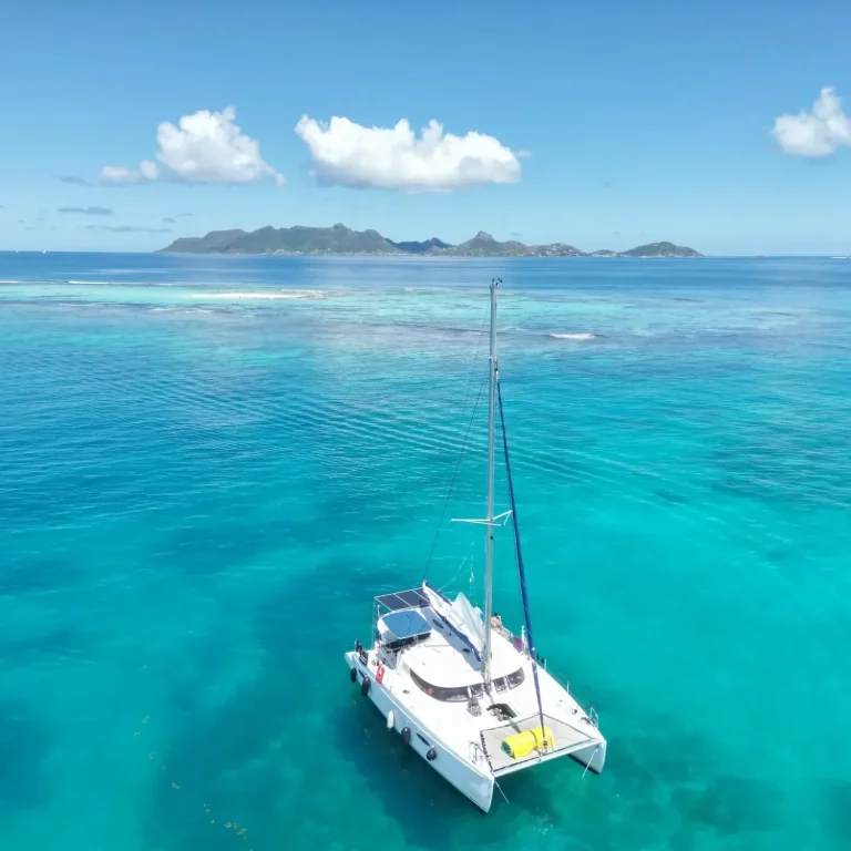 Activites & Excursions Un catamaran flotte sur des eaux turquoise, avec des îles au loin sous un ciel dégagé.