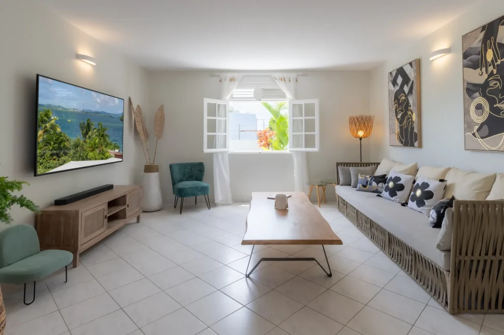 Salon Villa Bel Embrun Salon lumineux avec canapé, table basse, télévision et fenêtres ouvertes sur la nature.